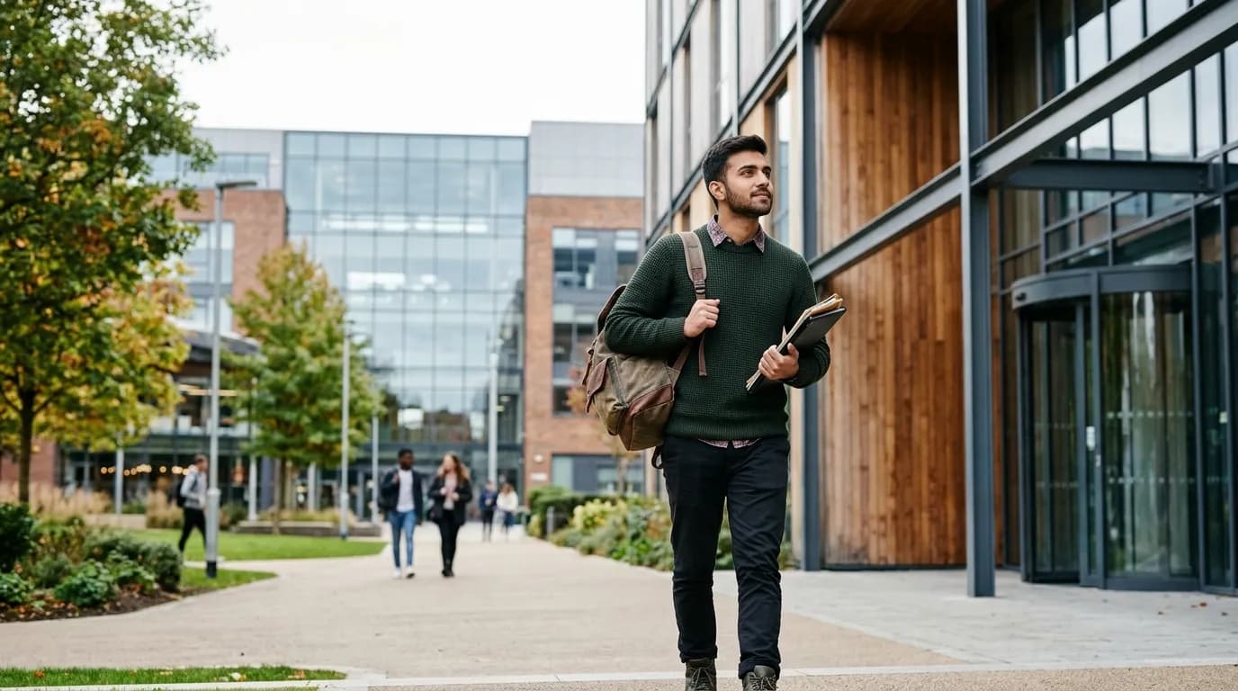 Pakistani male international student exploring the University of Bedfordshire campus in the UK